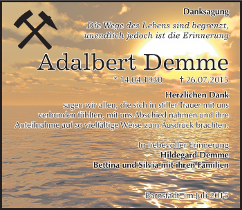 Traueranzeige von Adalbert Demme von Mitteldeutsche Zeitung Merseburg/Querfurt