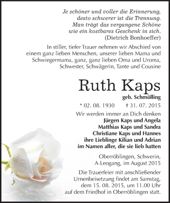 Traueranzeige von Ruth Kaps von Mitteldeutsche Zeitung Sangerhausen