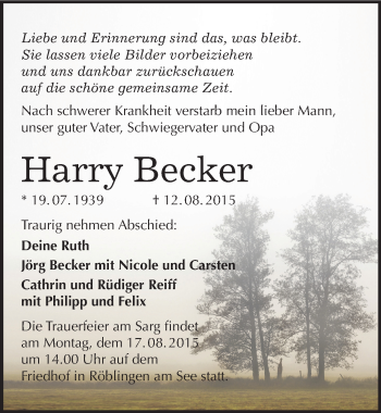 Traueranzeige von Harry Becker von Mitteldeutsche Zeitung Mansfelder Land