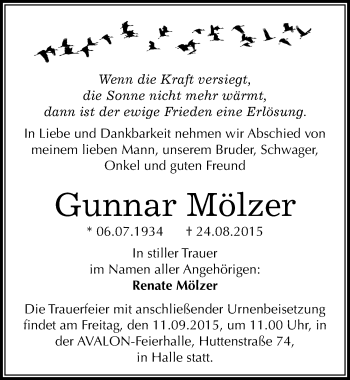 Traueranzeige von Gunnar Mölzer von Mitteldeutsche Zeitung Halle/Saalkreis