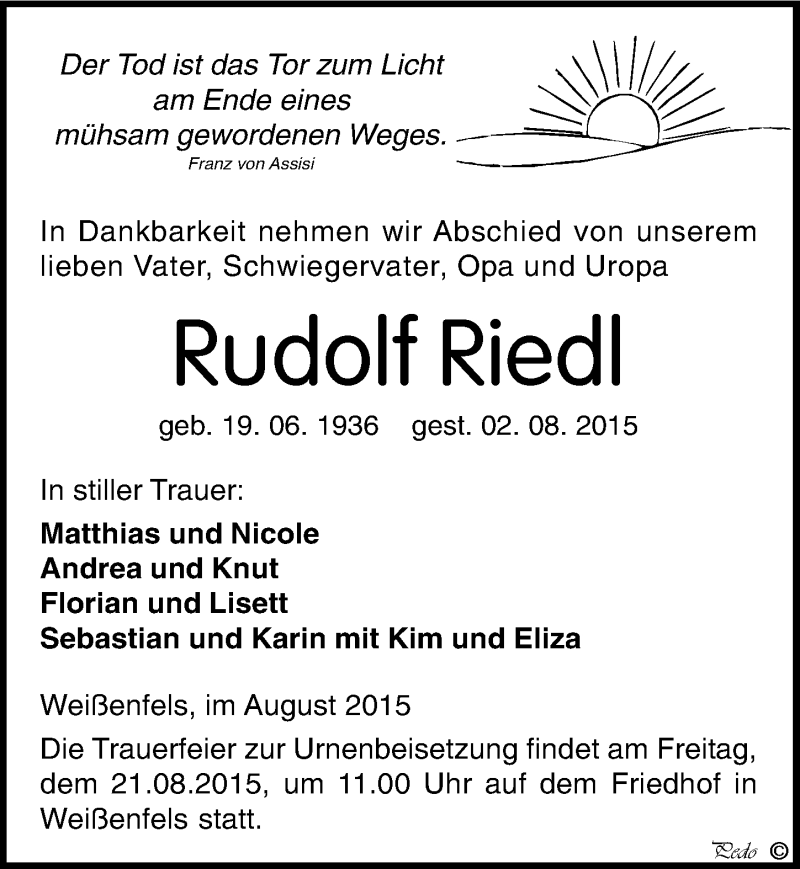  Traueranzeige für Rudolf Riedl vom 08.08.2015 aus Mitteldeutsche Zeitung Weißenfels