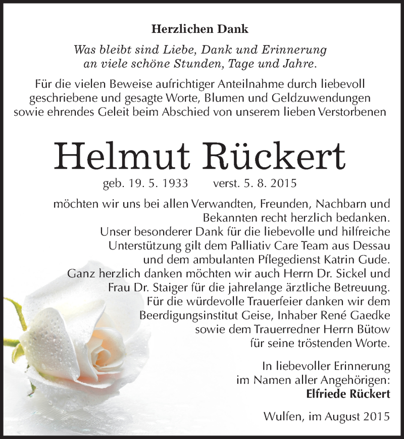  Traueranzeige für Helmut Rückert vom 25.08.2015 aus Mitteldeutsche Zeitung Köthen