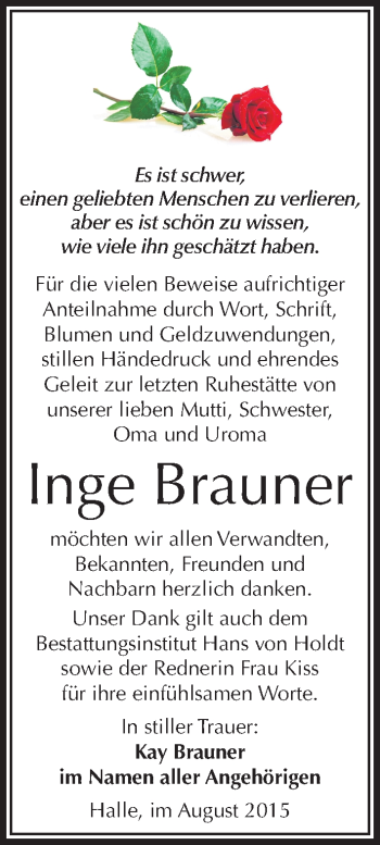 Traueranzeige von Inge Brauner von Mitteldeutsche Zeitung Halle/Saalkreis