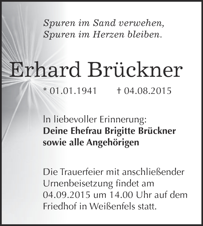  Traueranzeige für Erhard Brückner vom 26.08.2015 aus WVG - Wochenspiegel NMB / WSF / ZTZ