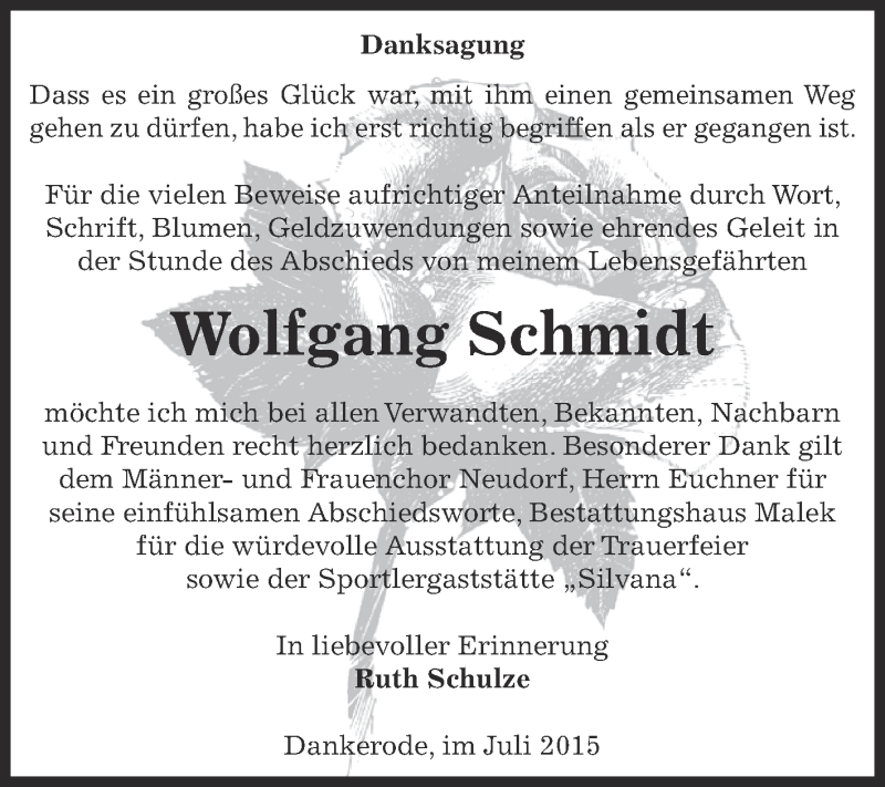  Traueranzeige für Wolfgang Schmidt vom 01.08.2015 aus Super Sonntag SGH Mansf. Land