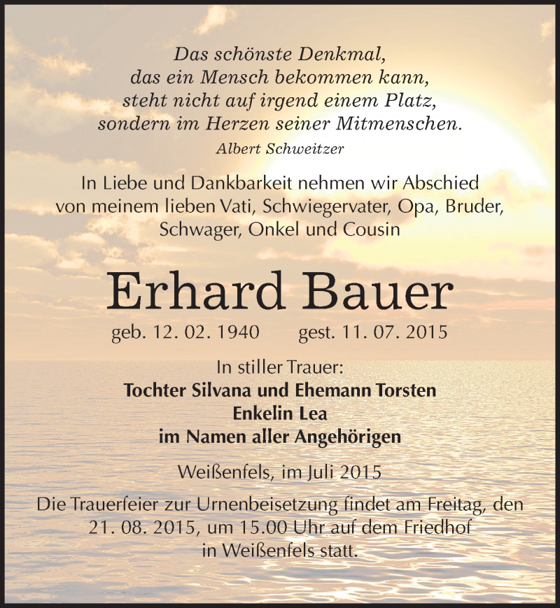  Traueranzeige für Erhard Bauer vom 15.08.2015 aus Mitteldeutsche Zeitung Weißenfels