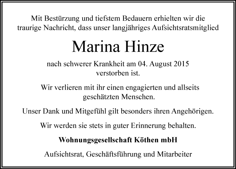  Traueranzeige für Marina Hinze vom 11.08.2015 aus Mitteldeutsche Zeitung Köthen