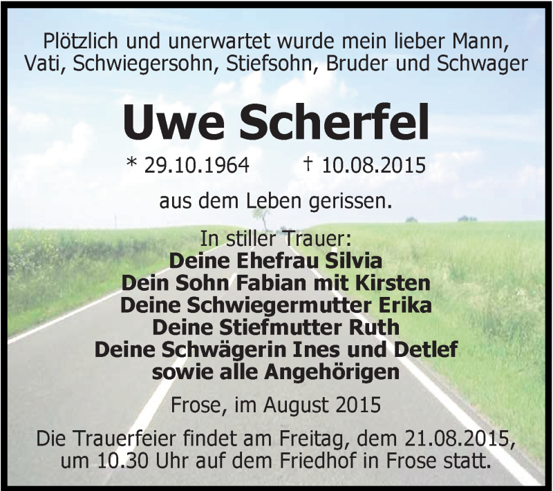  Traueranzeige für Uwe Scherfel vom 15.08.2015 aus Super Sonntag Aschersleben