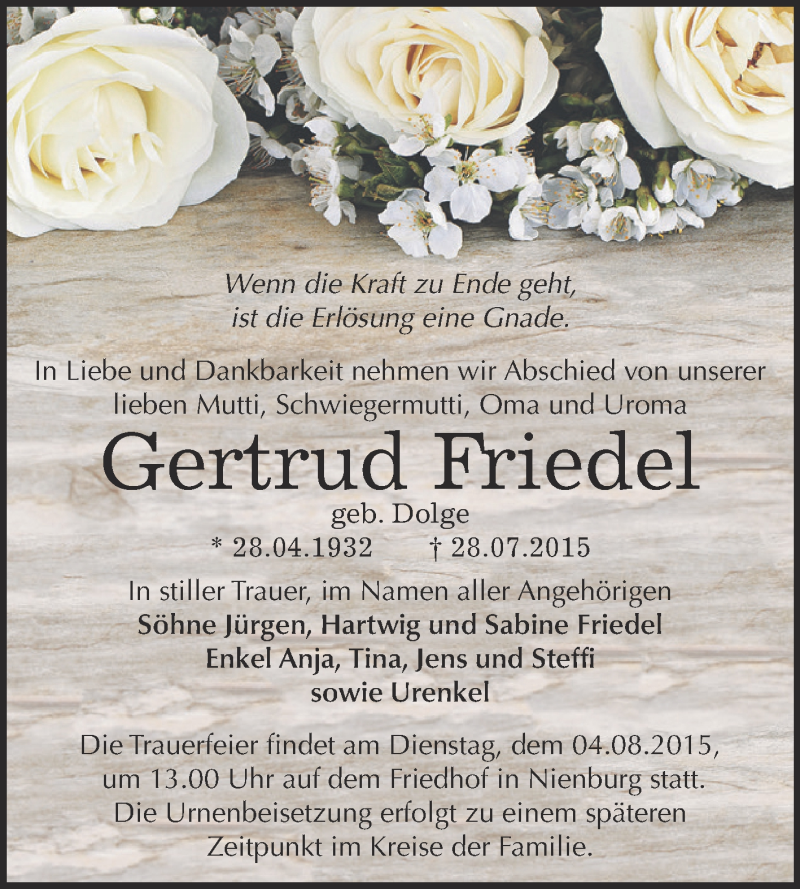  Traueranzeige für Gertrud Friedel vom 01.08.2015 aus Super Sonntag Bernburg