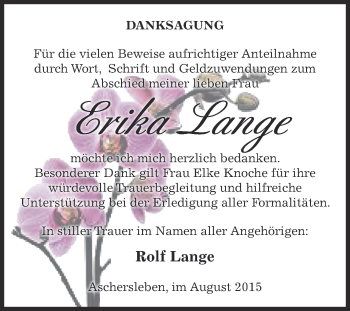Traueranzeige von Erika Lange von Super Sonntag Aschersleben