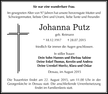 Traueranzeige von Johanna Putz von Mitteldeutsche Zeitung Dessau-Roßlau