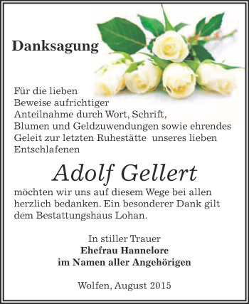 Traueranzeige von Adolf Gellert von WVG - Wochenspiegel Bitterfeld
