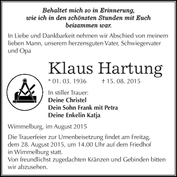 Traueranzeige von Klaus Hartung von Super Sonntag SGH Mansf. Land