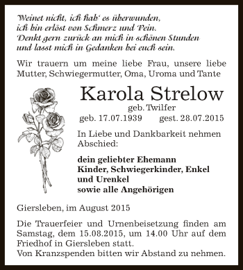 Traueranzeige von Karola Strelow von Super Sonntag Aschersleben