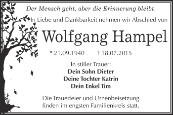 Traueranzeige von Wolfgang Hampel von WVG - Wochenspiegel Wittenberg