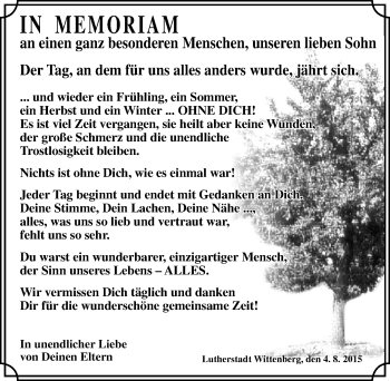 Traueranzeige von unseren lieben Sohn  von Mitteldeutsche Zeitung Wittenberg