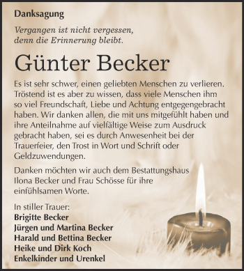 Traueranzeige von Günter Becker von Super Sonntag SGH Mansf. Land