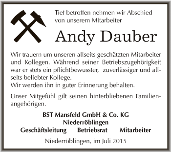 Traueranzeige von Andy Dauber von WVG - Wochenspiegel SGH