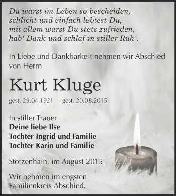 Traueranzeige von Kurt Kluge von Super Sonntag Zeitz