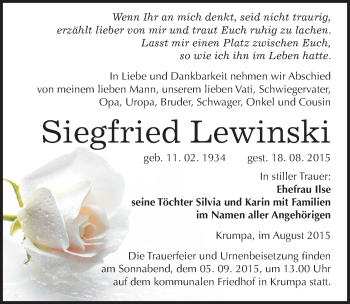 Traueranzeige von Siegfried Lewinski von Mitteldeutsche Zeitung Merseburg/Querfurt