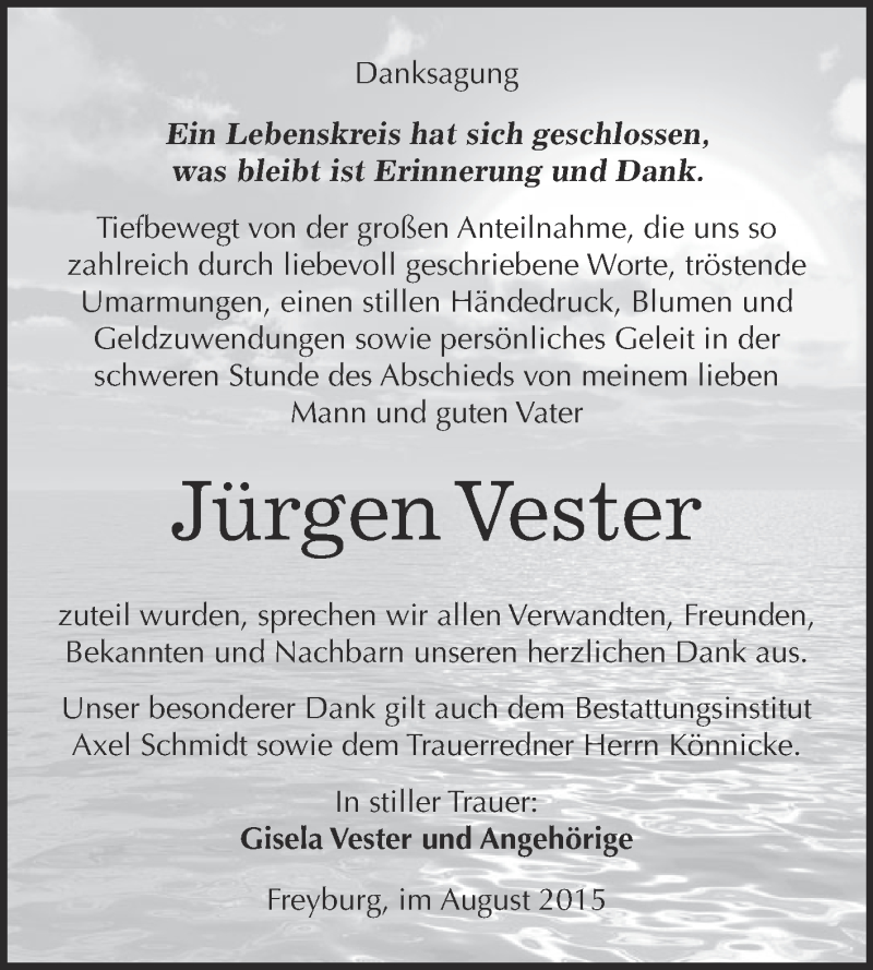 Traueranzeige für Jürgen Vester vom 05.08.2015 aus WVG - Wochenspiegel NMB / WSF / ZTZ
