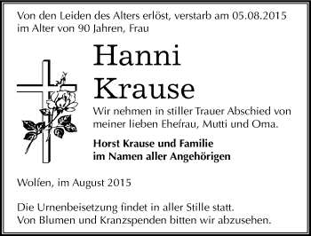 Traueranzeige von Hanni Krause von Mitteldeutsche Zeitung Bitterfeld