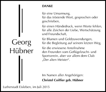 Traueranzeige von Georg Hübner von Mitteldeutsche Zeitung Mansfelder Land