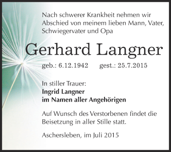 Traueranzeige von Gerhard Langner von Super Sonntag Aschersleben