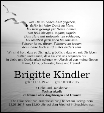 Traueranzeige von Brigitte Kindler von Mitteldeutsche Zeitung