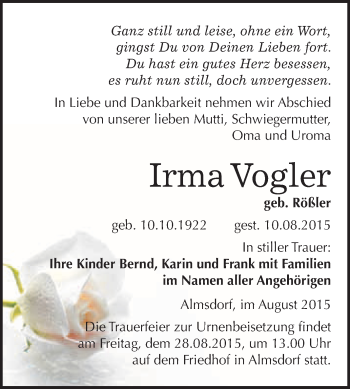 Traueranzeige von Irma Vogler von WVG - Wochenspiegel Merseburg