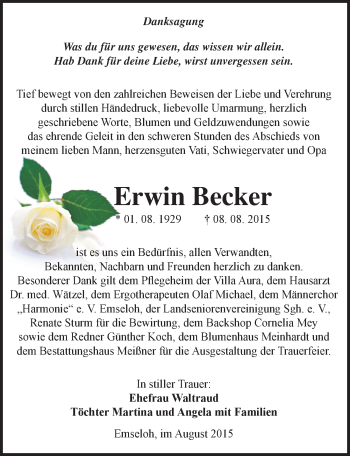 Traueranzeige von Erwin Becker von Mitteldeutsche Zeitung Sangerhausen