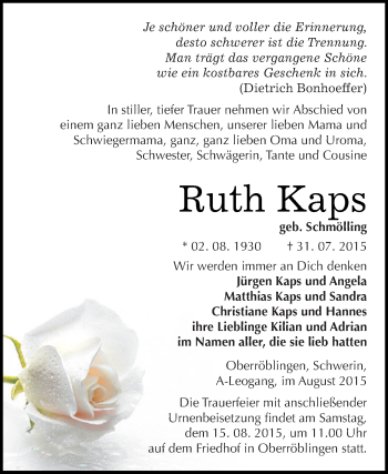 Traueranzeige von Ruth Kaps von Super Sonntag SGH Mansf. Land
