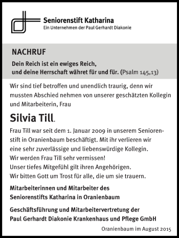 Traueranzeige von Silvia Till von Super Sonntag Wittenberg