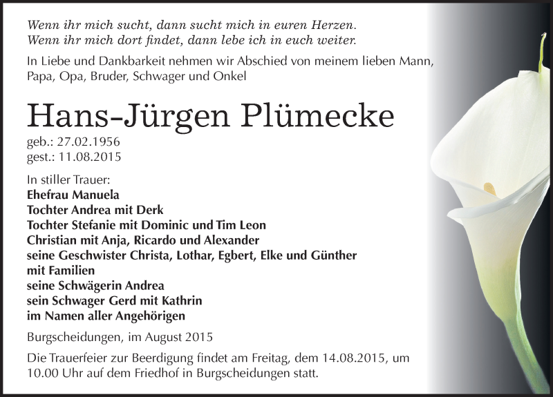  Traueranzeige für Hans-Jürgen Plümecke vom 14.08.2015 aus Mitteldeutsche Zeitung Naumburg/Nebra