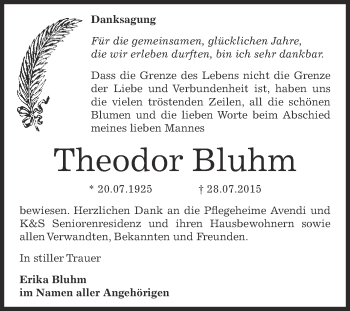 Traueranzeige von Theodor Bluhm von WVG - Wochenspiegel Dessau / Köthen