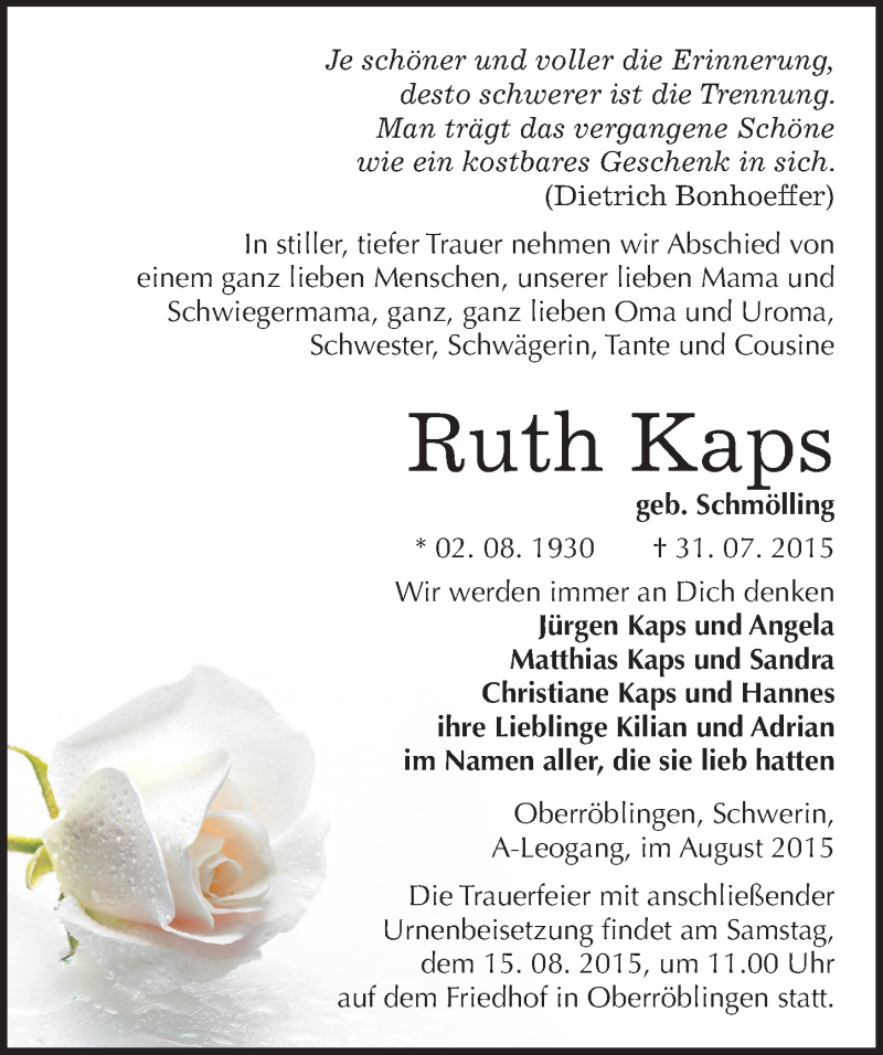  Traueranzeige für Ruth Kaps vom 08.08.2015 aus Mitteldeutsche Zeitung Sangerhausen