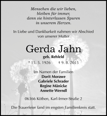 Traueranzeige von Gerda Jahn von Mitteldeutsche Zeitung Köthen