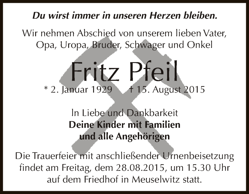  Traueranzeige für Fritz Pfeil vom 22.08.2015 aus Super Sonntag Zeitz