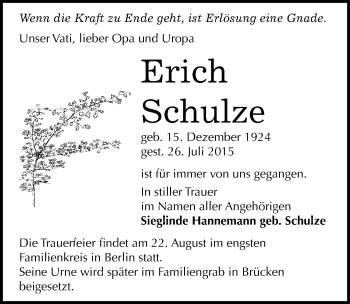 Traueranzeige von Erich Schulze von Mitteldeutsche Zeitung Sangerhausen