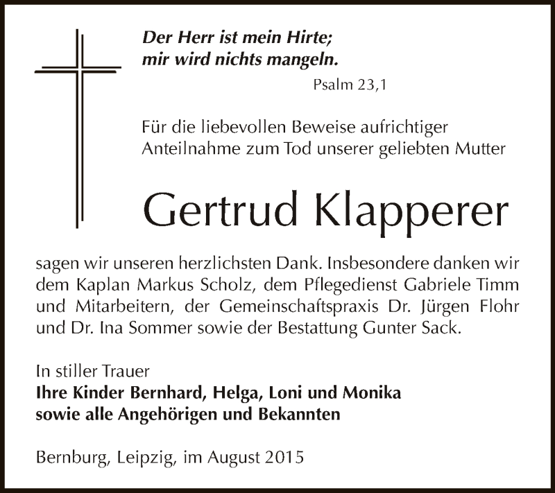  Traueranzeige für Gertrud Klapperer vom 29.08.2015 aus Super Sonntag Bernburg