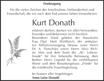 Traueranzeige von Kurt Donath von WVG - Wochenspiegel Dessau / Köthen