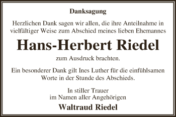 Traueranzeige von Hans-Herbert Riedel von WVG - Wochenspiegel Dessau / Köthen