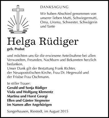 Traueranzeige von Helga Rüdiger von Mitteldeutsche Zeitung Sangerhausen