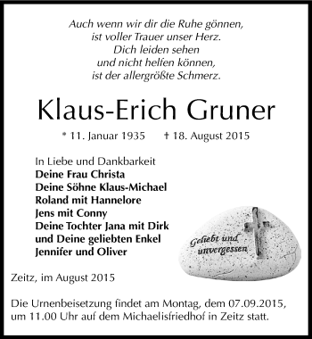 Traueranzeige von Klaus-Erich Gruner von Mitteldeutsche Zeitung Zeitz