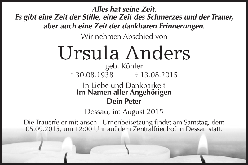  Traueranzeige für Ursula Anders vom 22.08.2015 aus WVG - Wochenspiegel Dessau / Köthen