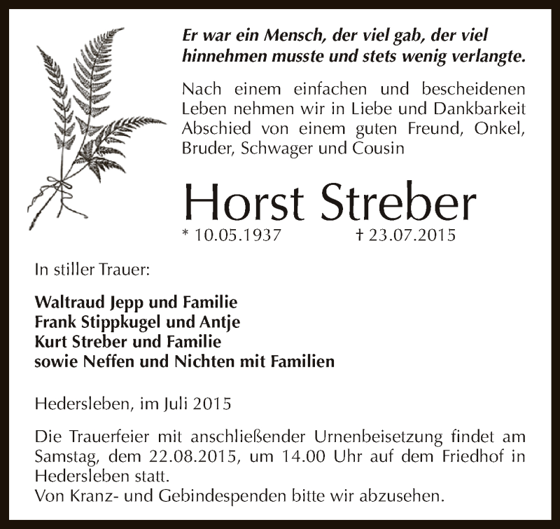  Traueranzeige für Horst Streber vom 01.08.2015 aus Super Sonntag SGH Mansf. Land