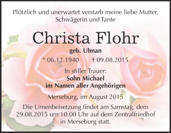 Traueranzeige von Christa Flohr von WVG - Wochenspiegel Merseburg