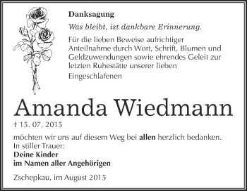 Traueranzeige von Amanda Wiedmann von WVG - Wochenspiegel Bitterfeld