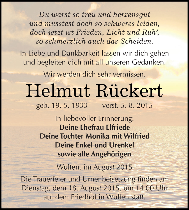  Traueranzeige für Helmut Rückert vom 08.08.2015 aus WVG - Wochenspiegel Dessau / Köthen