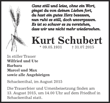 Traueranzeige von Kurt Schubert von Super Sonntag Aschersleben